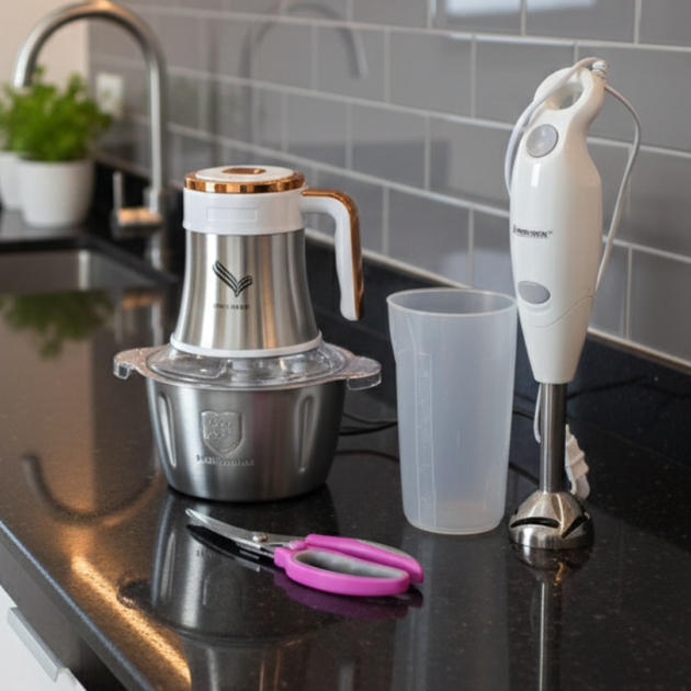 حزمة أدوات المطبخ المتكاملة أشوار لحم إينوكس 5سرعات +خلاط يدوي+مقص دجاج و لحم